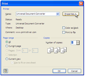 Select "Universal Document Converter" from the printers list and press "Properties" button